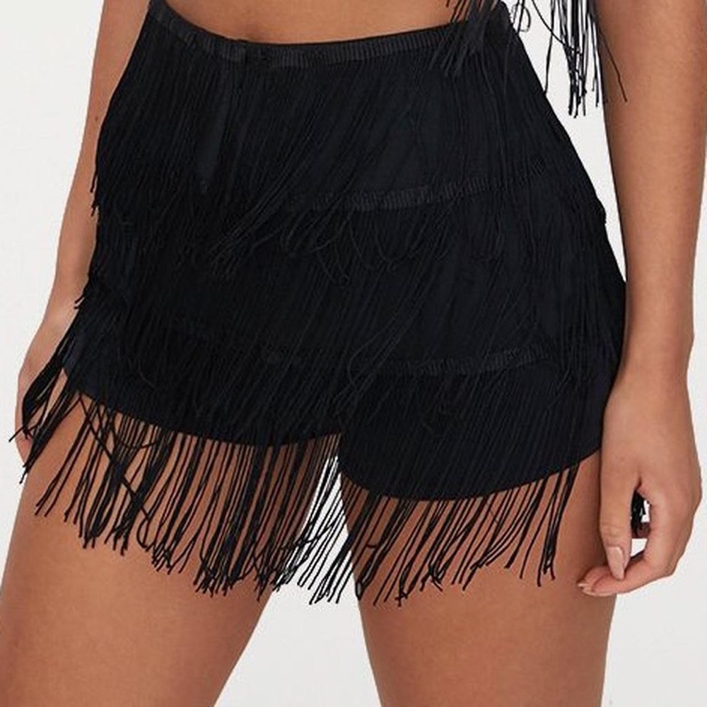 PrettyLittleThing Black Fringe High Waist Festival Shorts